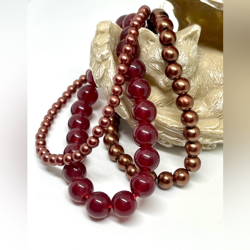 Fall Autumn Dark Red Glass Brown Faux Pearl Stretch Bracelet Bundle Earth Tones